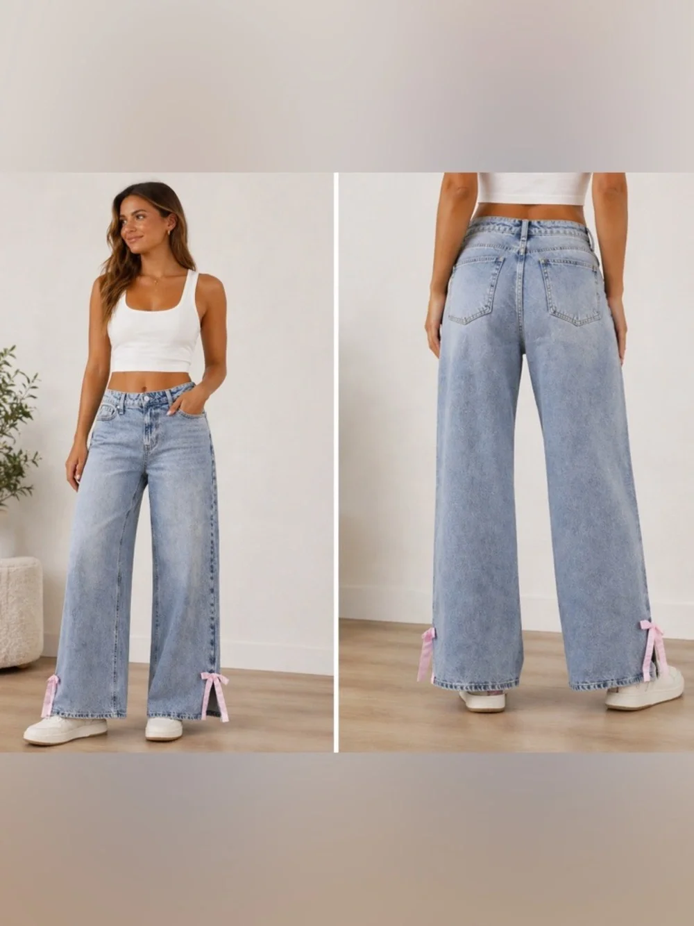 No Boundaries Wide Leg Jeans Light Wash Denim w/Pink Ribbon Detail Size 2 NWT - Picture 1 of 15